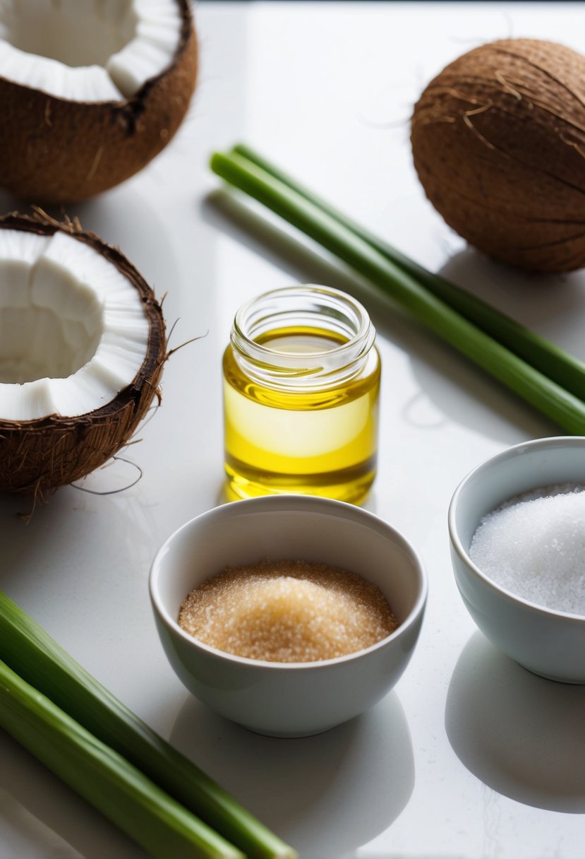 A small jar of coconut oil and a bowl of sugar sit on a clean, white countertop, surrounded by fresh coconut and sugar cane