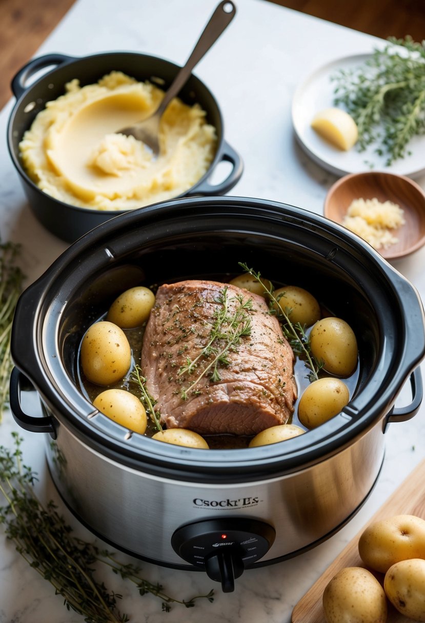 A tenderloin sits in a crockpot with thyme, surrounded by potatoes. A pot of garlic mashed potatoes simmers on the stove