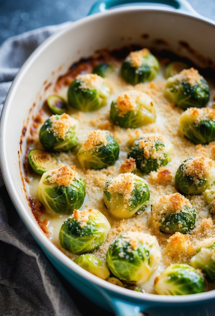 Brussels sprouts baking in a creamy gratin sauce, topped with breadcrumbs and cheese, in a rustic oven-safe dish