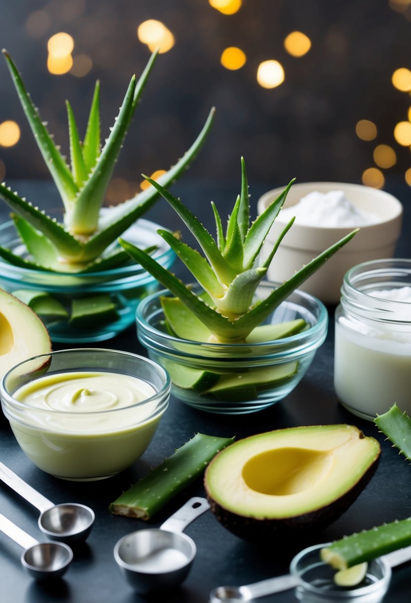 Aloe vera and avocado plants surrounded by mixing bowls, measuring spoons, and jars for DIY face cream