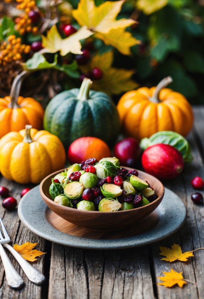 A rustic wooden table with a bowl of vibrant cranberry Brussels sprouts salad surrounded by fall foliage and seasonal produce