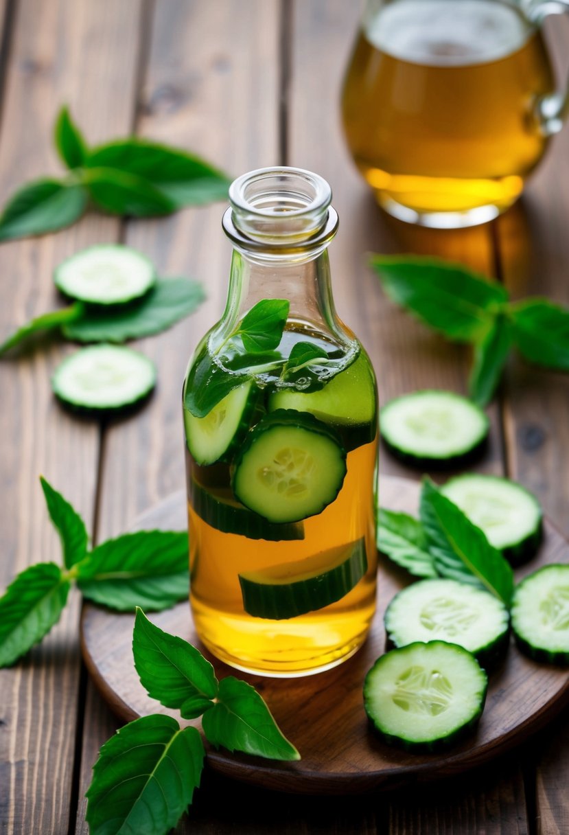 A glass bottle filled with green tea and cucumber slices, surrounded by fresh green tea leaves and cucumber slices on a wooden table