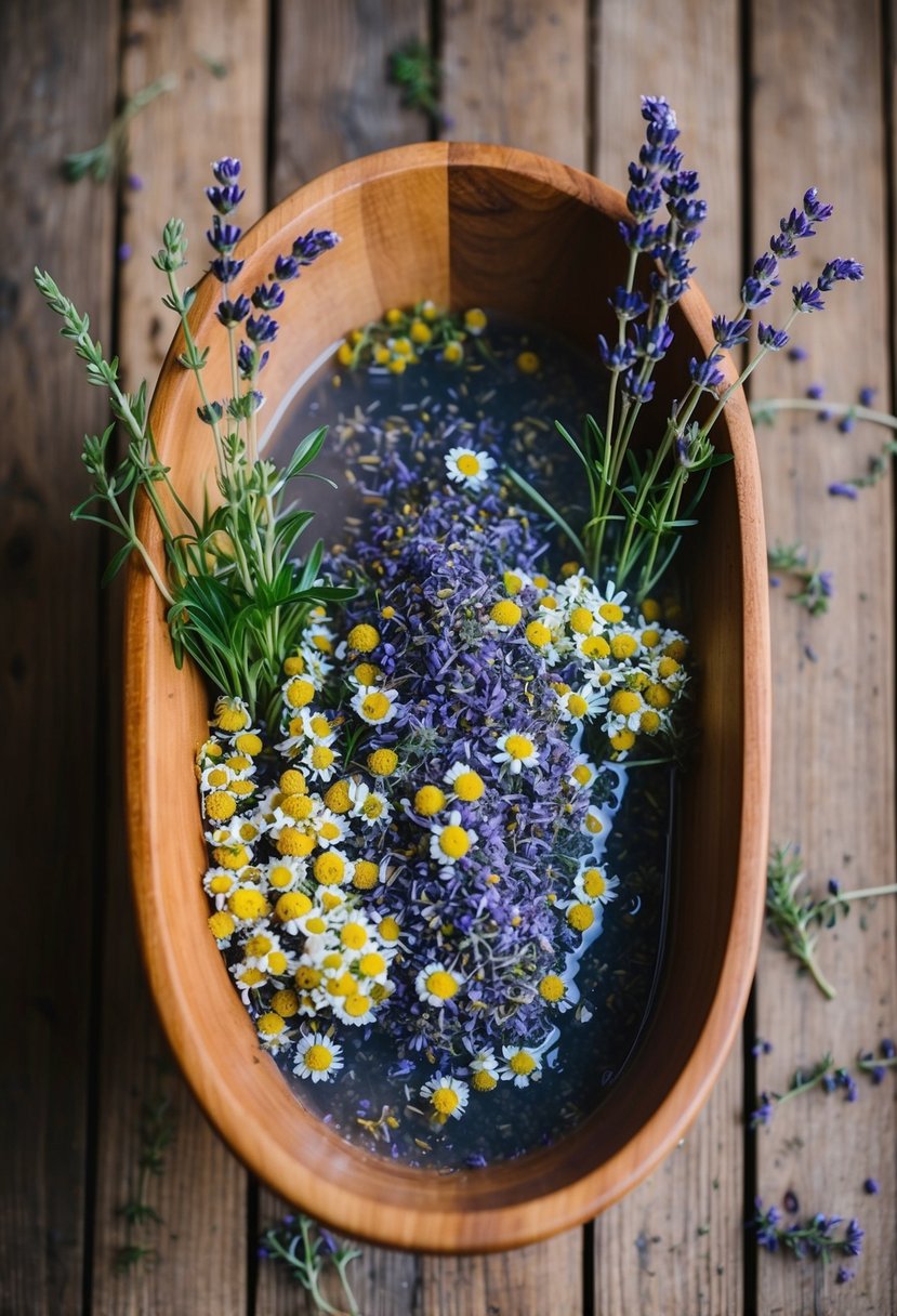 A rustic wooden bathtub filled with lavender and chamomile bath soak, surrounded by sprigs of fresh herbs and flowers