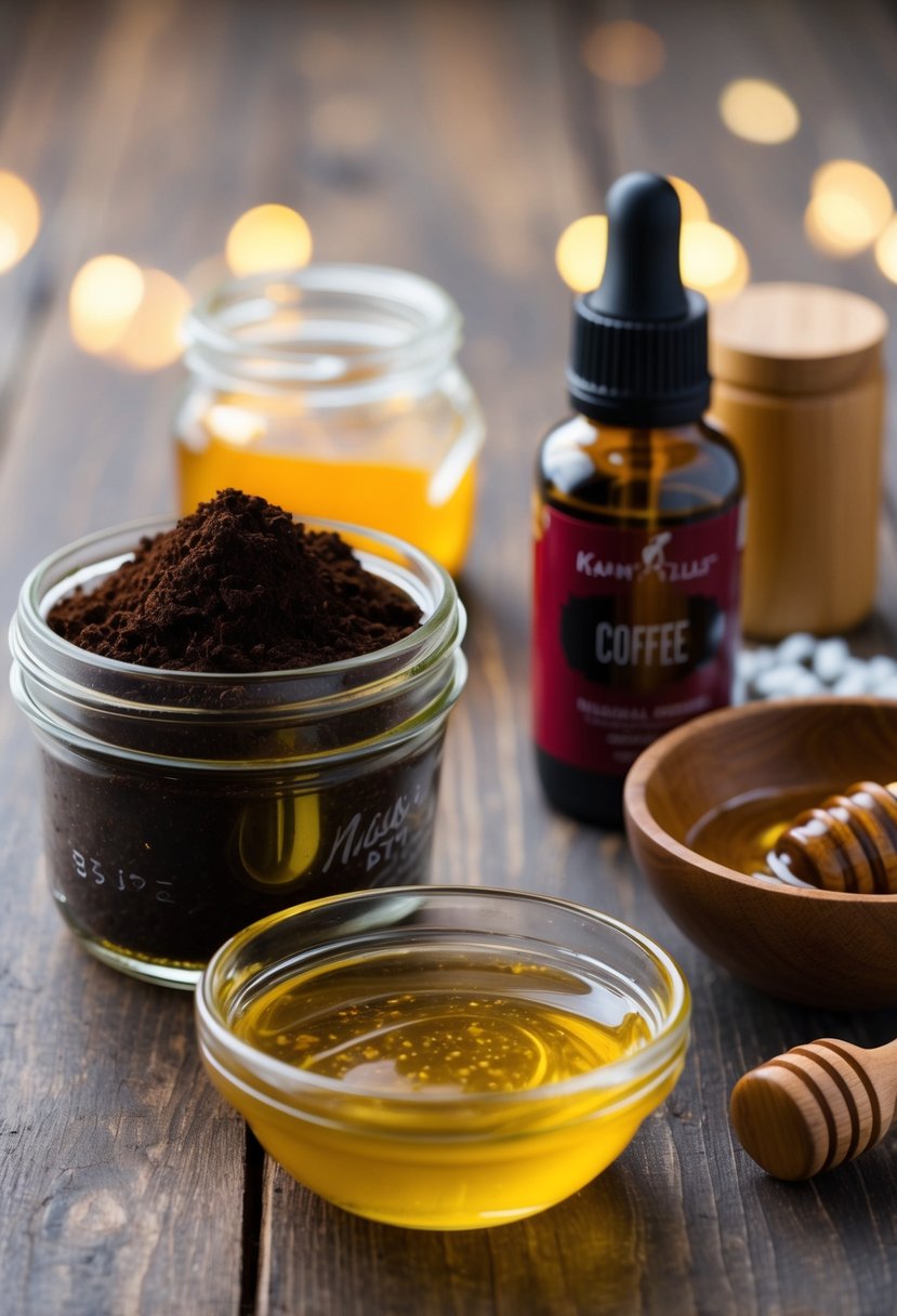 A mason jar filled with coffee grounds sits next to a bowl of coconut oil, honey, and essential oils. A wooden spoon stirs the mixture