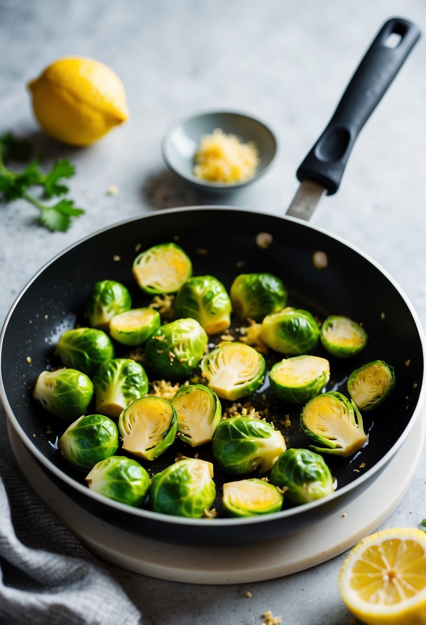 Brussels sprouts sizzling in a pan with minced garlic and lemon zest, emitting a savory aroma