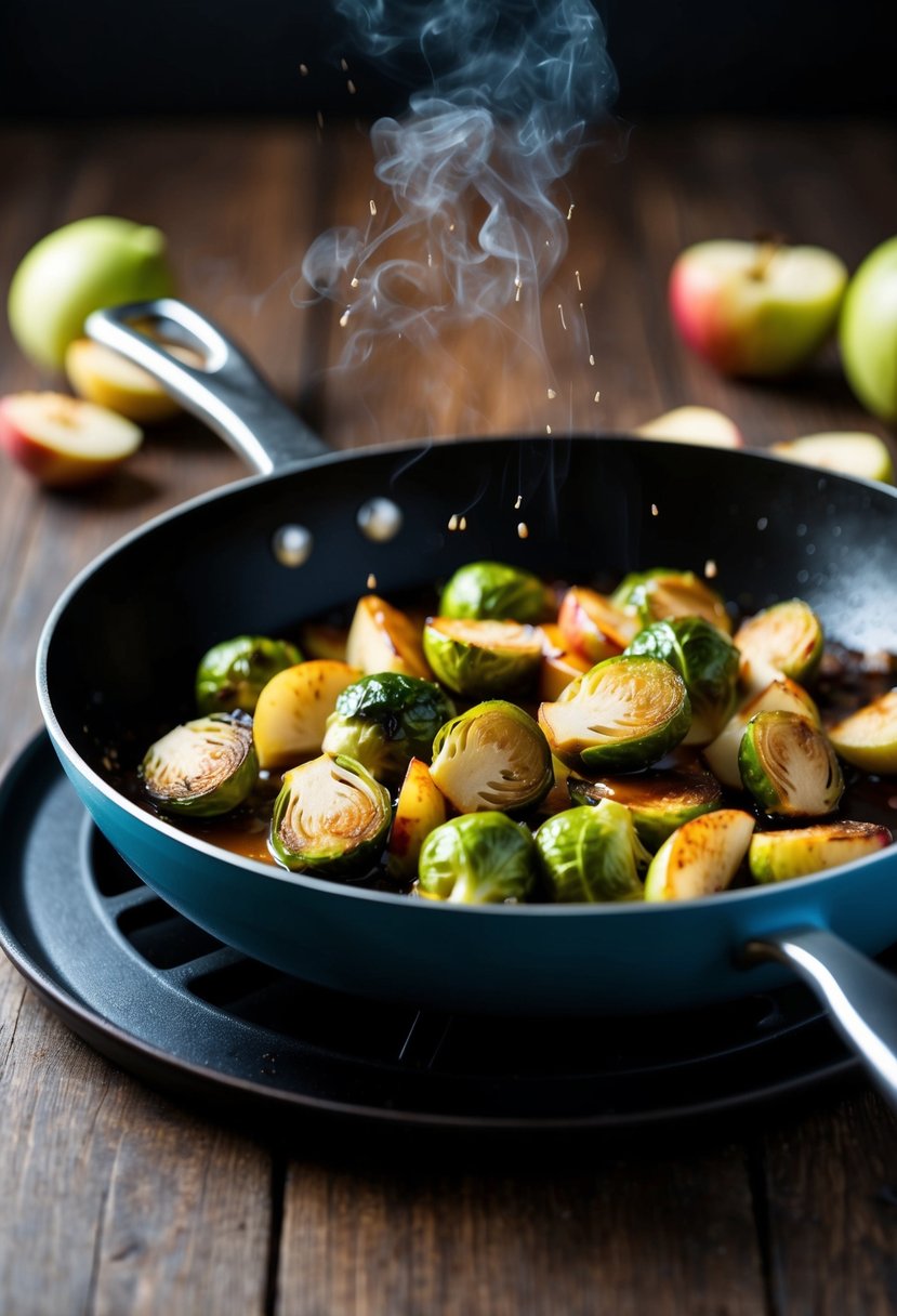 A skillet sizzles as balsamic-coated Brussels sprouts and sliced apples caramelize, emitting a savory-sweet aroma