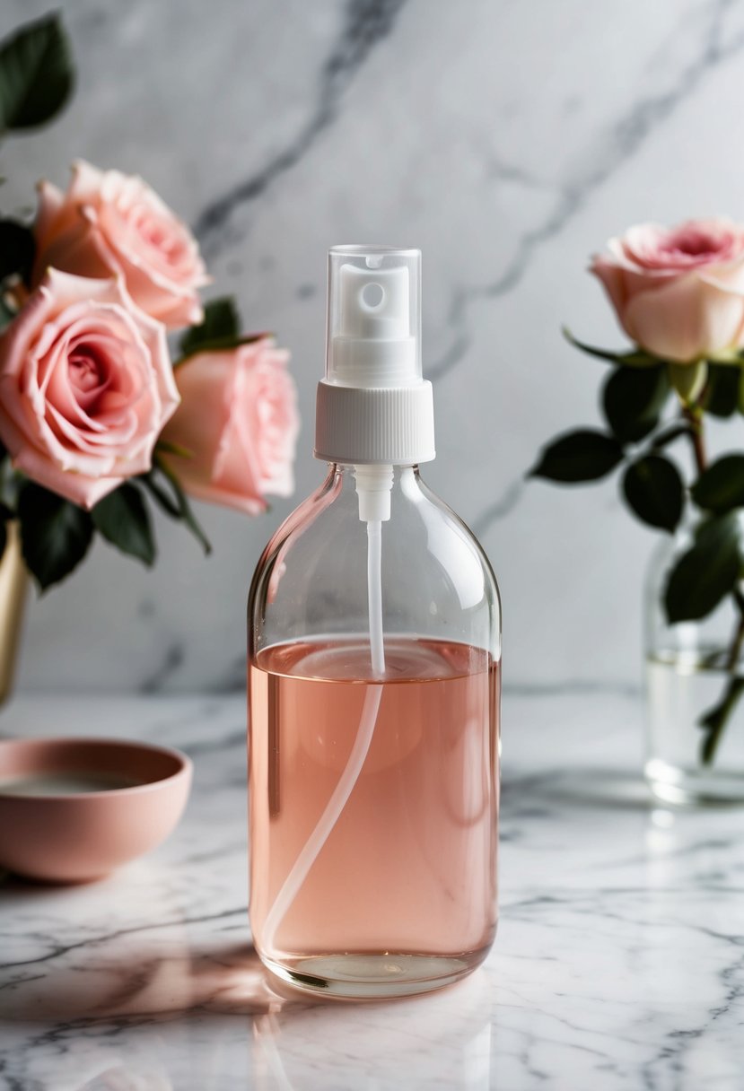 A clear glass spray bottle sits on a marble countertop, filled with a light pink liquid. Fresh roses and a small bowl of water are nearby