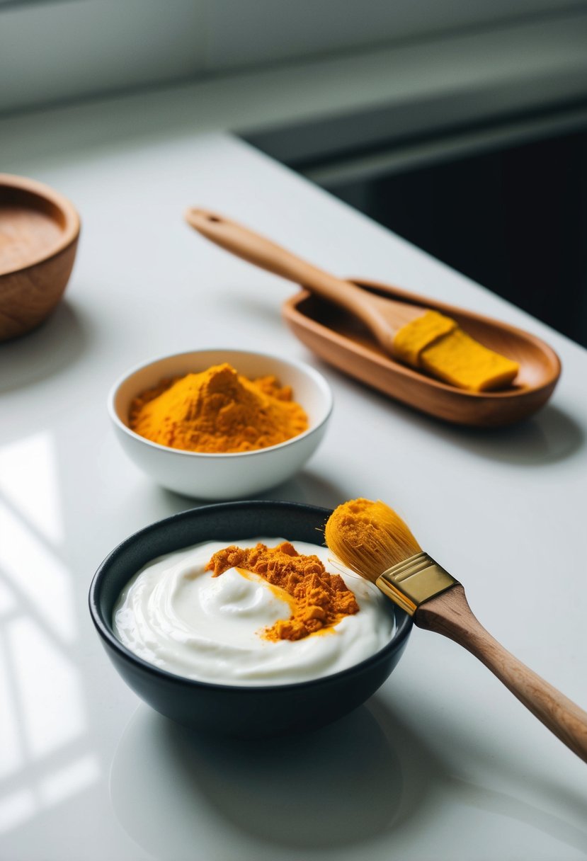 A small bowl of yogurt and turmeric powder sit next to a wooden spoon and a mixing brush on a clean, white countertop