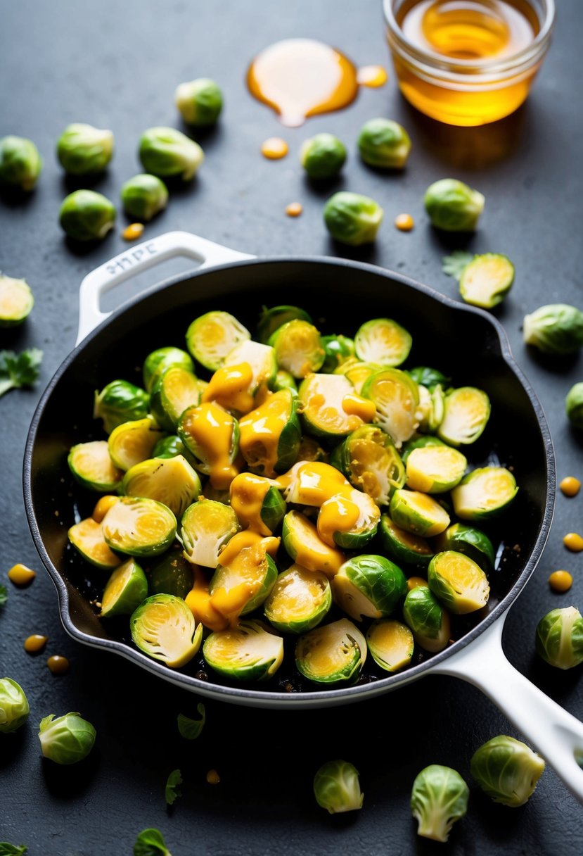 A skillet sizzling with honey mustard-coated Brussels sprouts, surrounded by scattered sprouts and a drizzle of golden honey