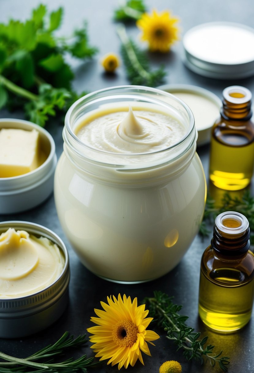 A glass jar filled with creamy body lotion, surrounded by shea butter and jojoba oil containers, fresh herbs and flowers scattered around