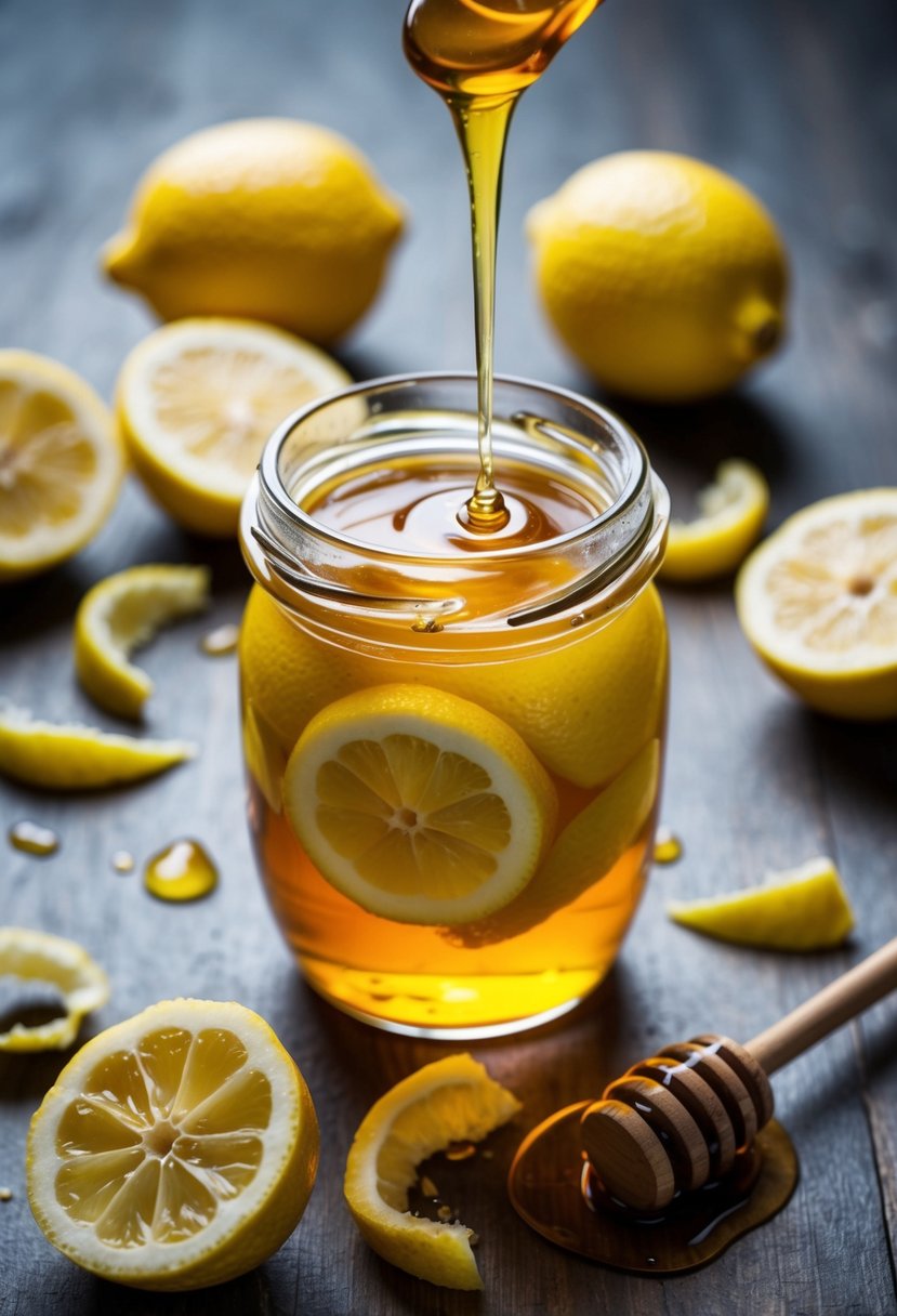 A small glass jar filled with fresh lemons and honey, surrounded by scattered lemon peels and a drizzle of honey