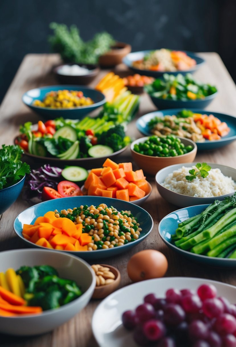 A table set with a variety of colorful, nutrient-rich foods including vegetables, lean proteins, and healthy fats