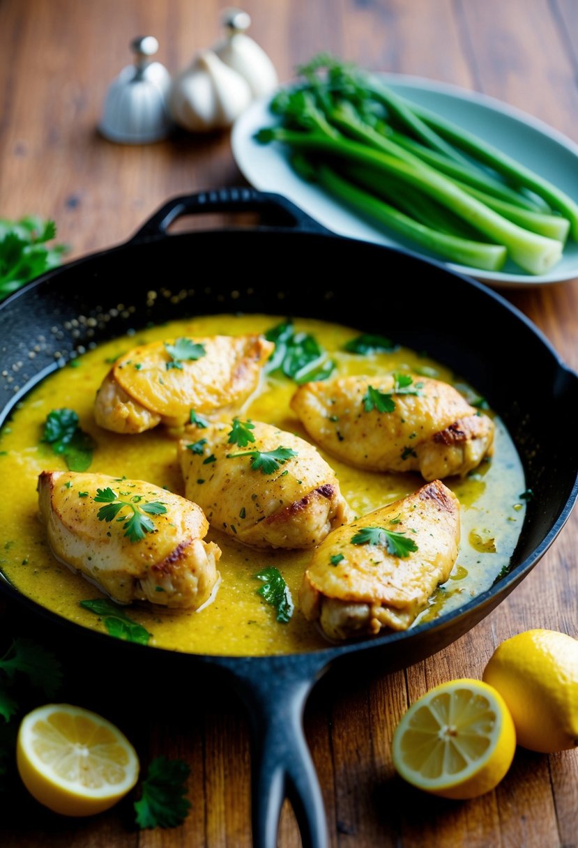 A sizzling skillet of lemon garlic butter chicken with vibrant green vegetables on the side