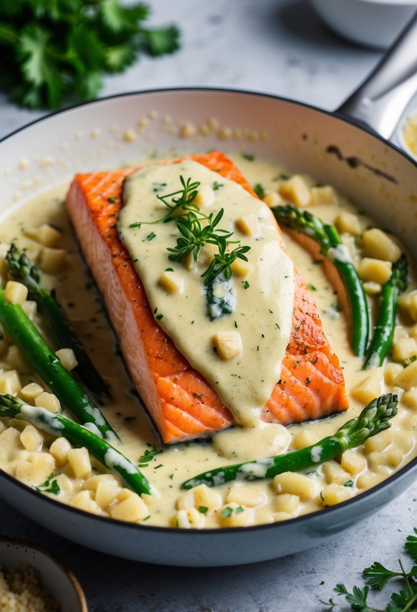 A salmon fillet surrounded by creamy Tuscan garlic sauce, accompanied by keto-friendly vegetables and herbs