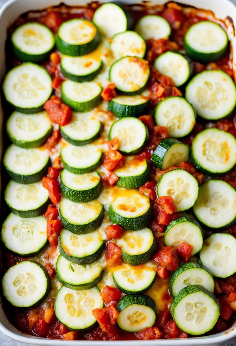 A colorful array of sliced zucchini, layered with rich tomato sauce and creamy cheese, baked to perfection in a casserole dish