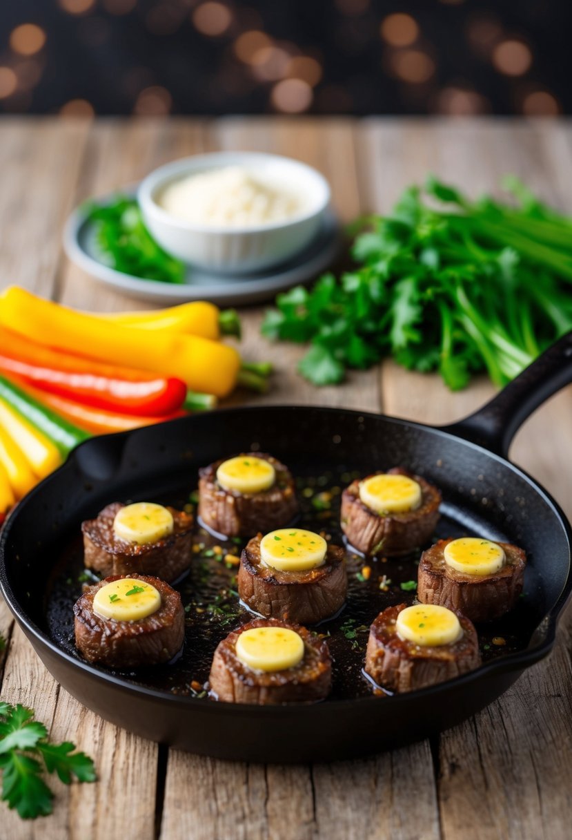 A sizzling skillet of garlic butter steak bites surrounded by colorful, low-carb vegetables