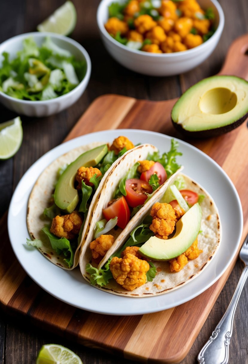 A plate of buffalo cauliflower tacos with lettuce, tomato, and avocado on a wooden table with a side of salsa and lime wedges