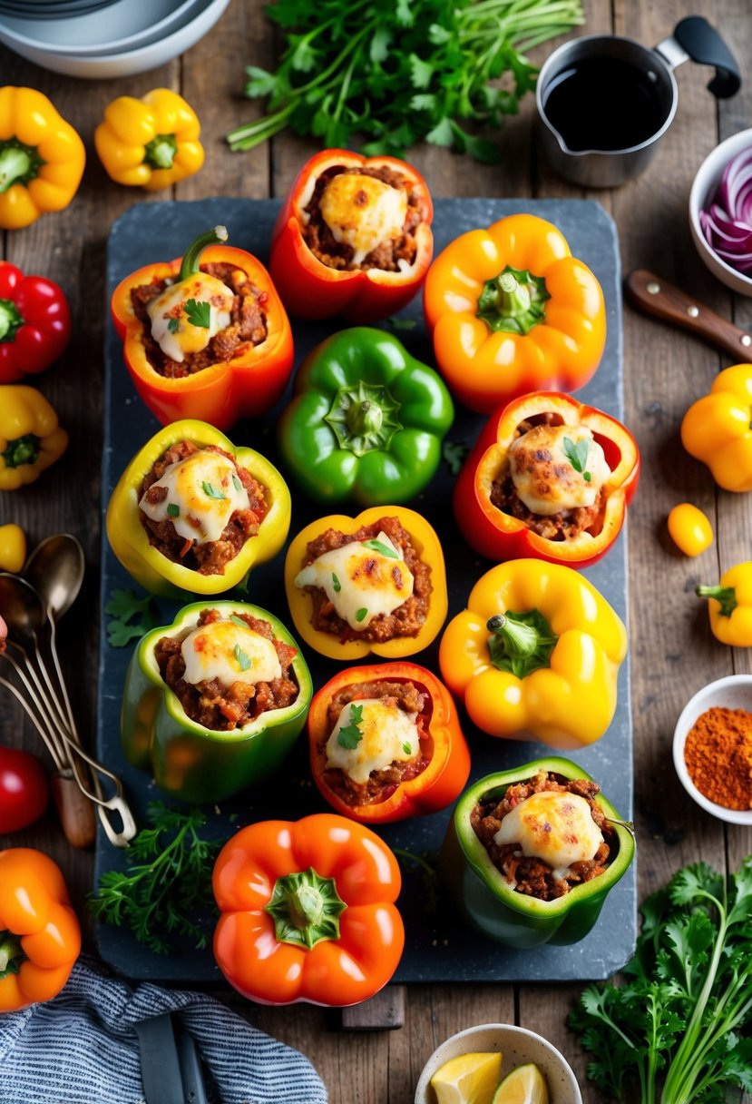 A colorful array of keto stuffed bell peppers arranged on a rustic wooden table, surrounded by fresh ingredients and cooking utensils