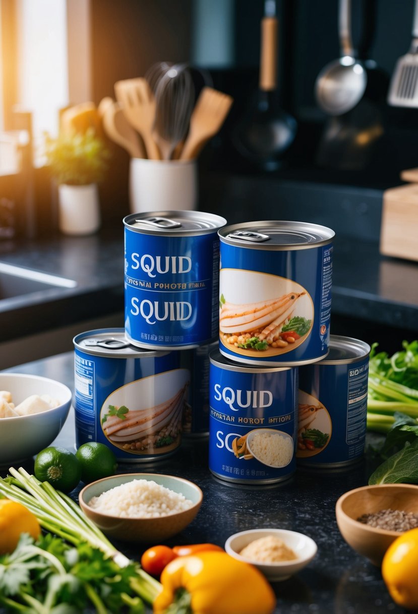 A kitchen counter with open cans of squid, surrounded by various ingredients and cooking utensils