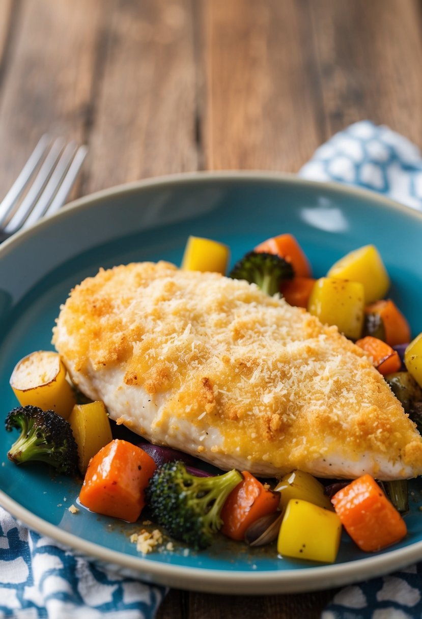 A golden-brown Parmesan crusted chicken breast on a bed of colorful roasted vegetables