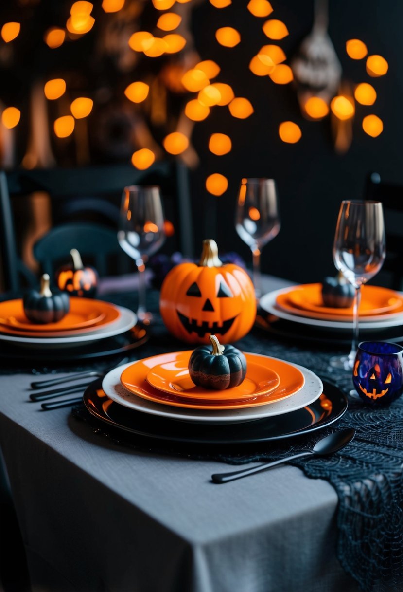 A spooky dinner table set with Halloween-themed dishes and decorations