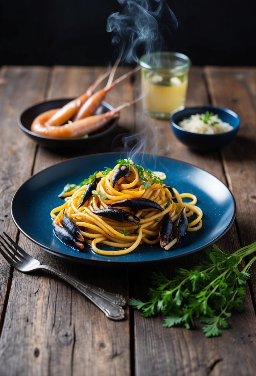 A steaming plate of spicy squid ink pasta with canned squid and herbs on a rustic wooden table