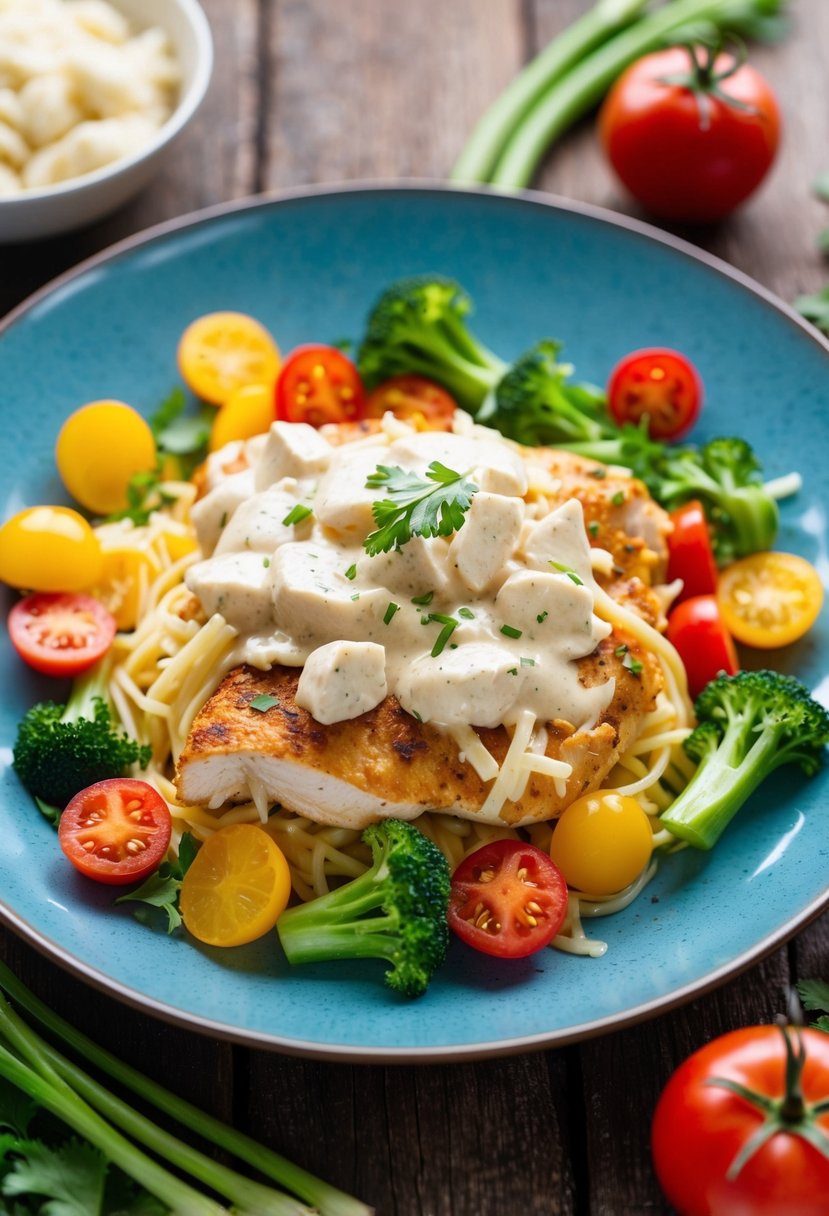 A plate of Keto Chicken Alfredo surrounded by colorful low-carb vegetables on a rustic wooden table