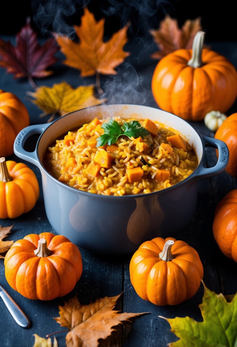 A steaming pot of pumpkin risotto surrounded by autumn leaves and flickering jack-o-lanterns