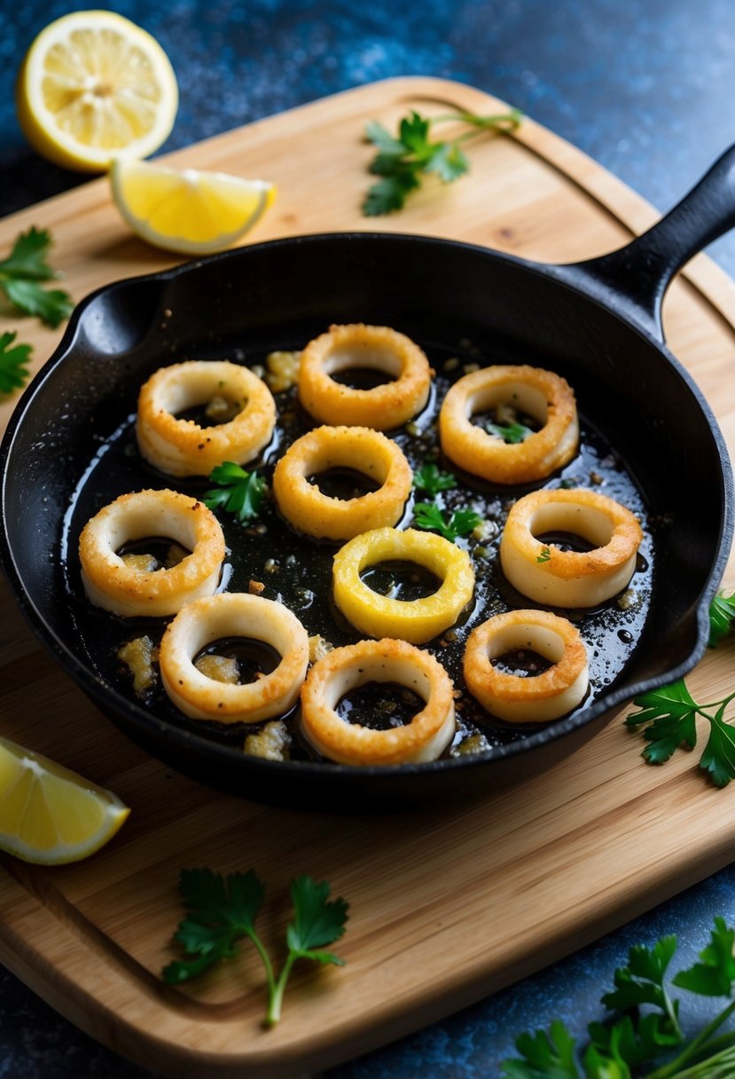 A skillet sizzling with golden-brown garlic butter squid rings. Lemon wedges and parsley garnish on a wooden cutting board