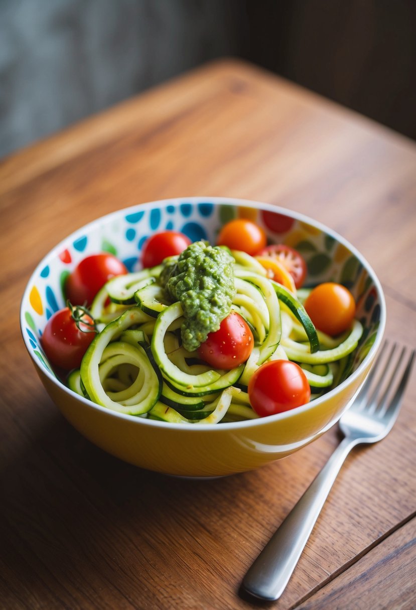 A colorful bowl filled with spiralized zucchini, cherry tomatoes, and a drizzle of pesto, sitting on a wooden table