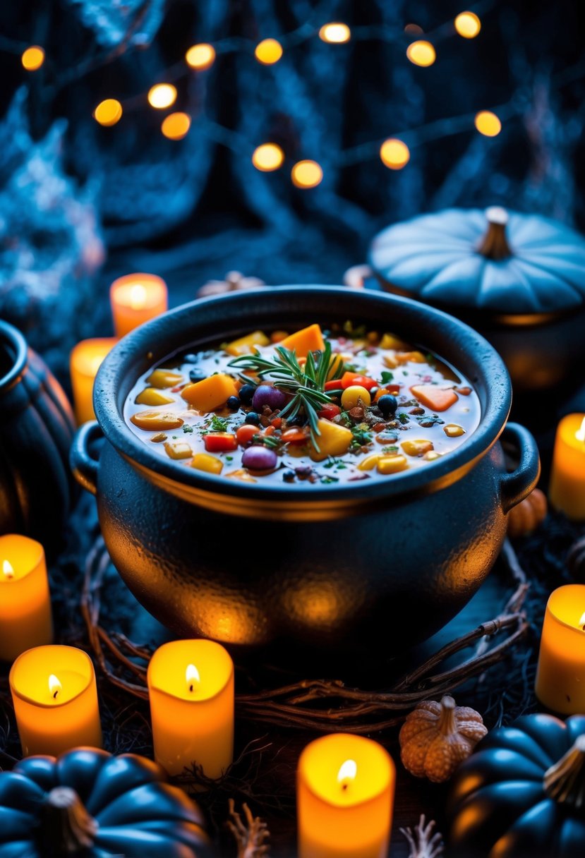 A bubbling cauldron filled with colorful ingredients, surrounded by eerie decorations and flickering candlelight