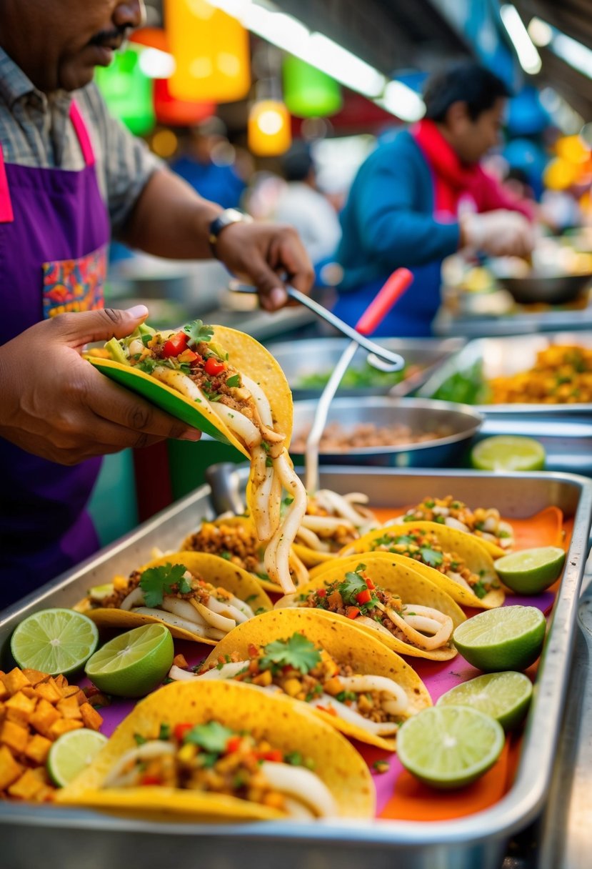 A vibrant street food market with a colorful array of chili lime squid tacos being cooked and served by a bustling vendor