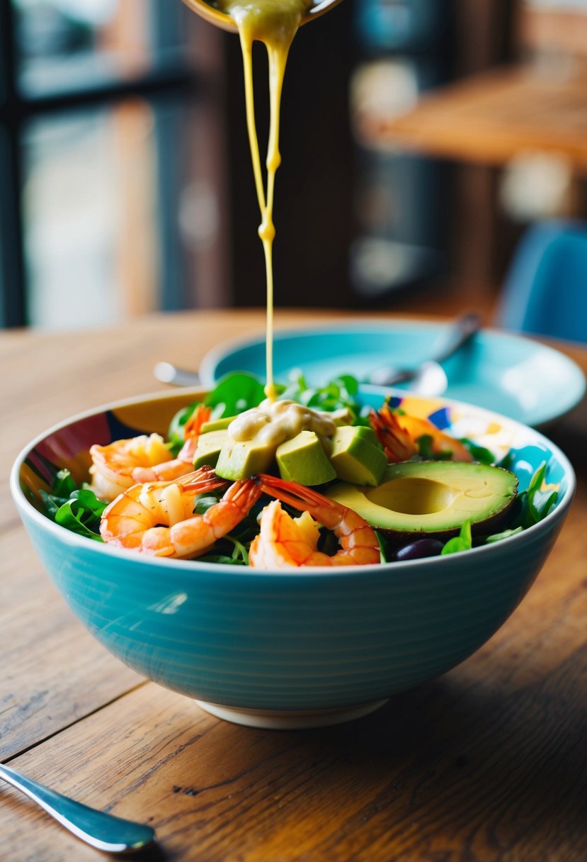 A colorful bowl filled with spicy shrimp, avocado, and fresh greens, drizzled with a light dressing, set on a wooden table