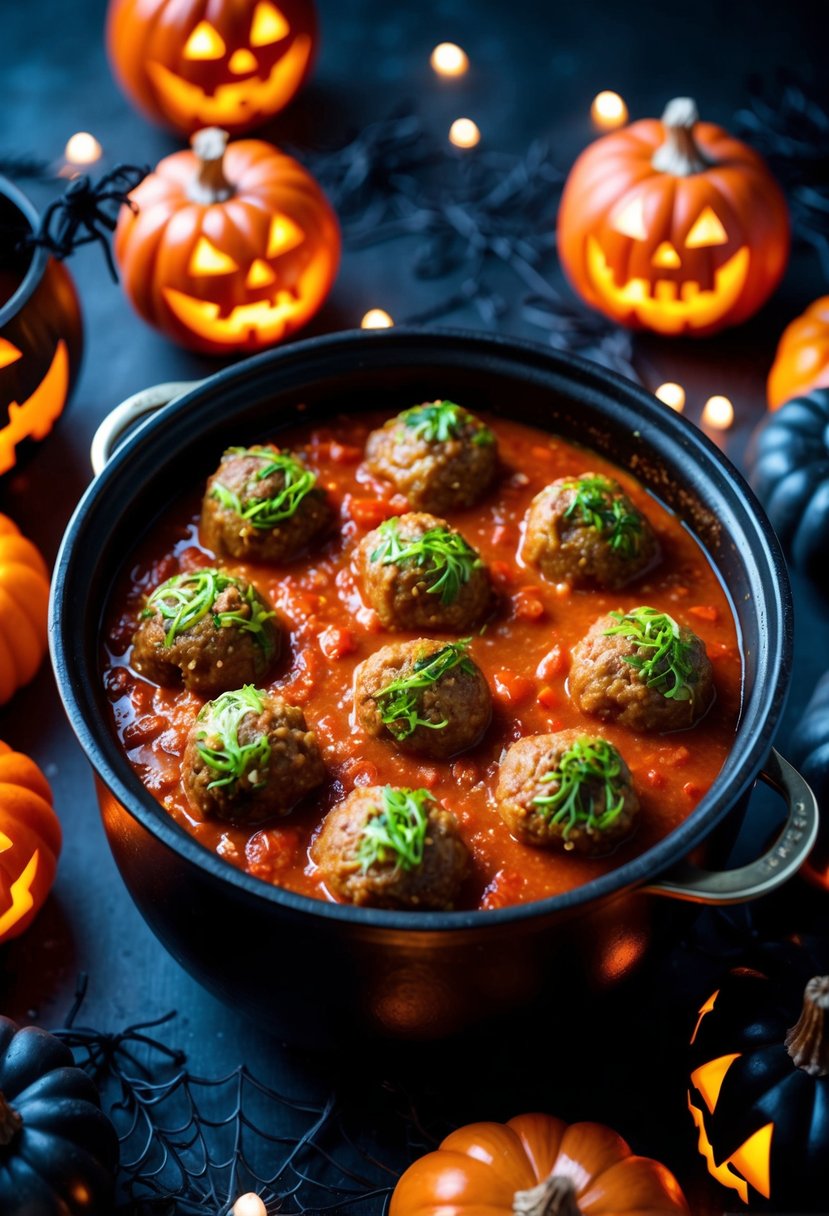 A cauldron filled with monster-shaped meatballs simmering in a bubbling tomato sauce, surrounded by eerie decorations and glowing jack-o-lanterns