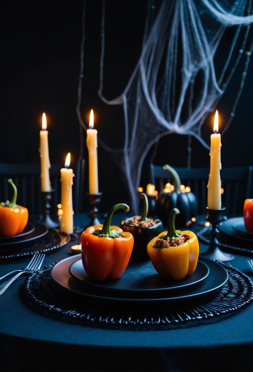 A dark, eerie dining table set with spooky stuffed bell peppers, surrounded by flickering candles and eerie decorations for a Halloween-themed dinner