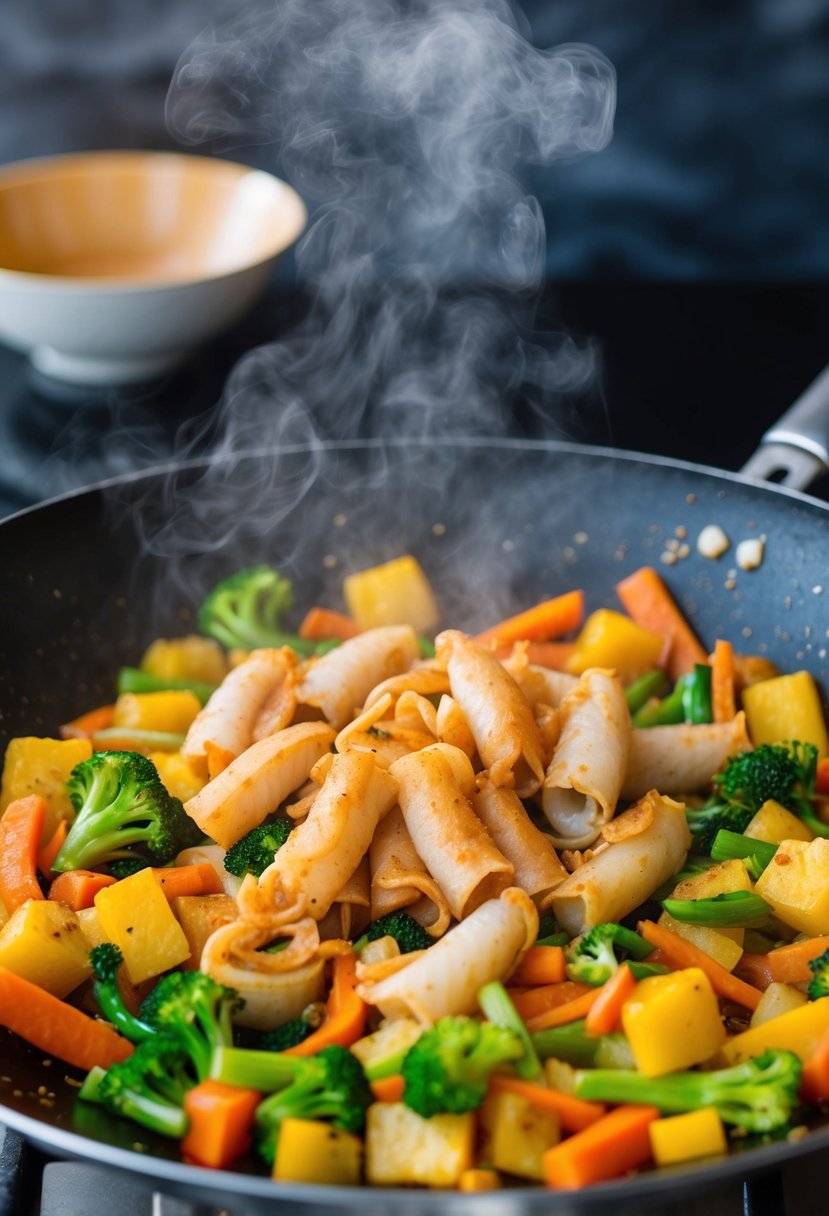 A sizzling wok filled with colorful vegetables and tender pieces of stir-fried squid, steam rising from the pan