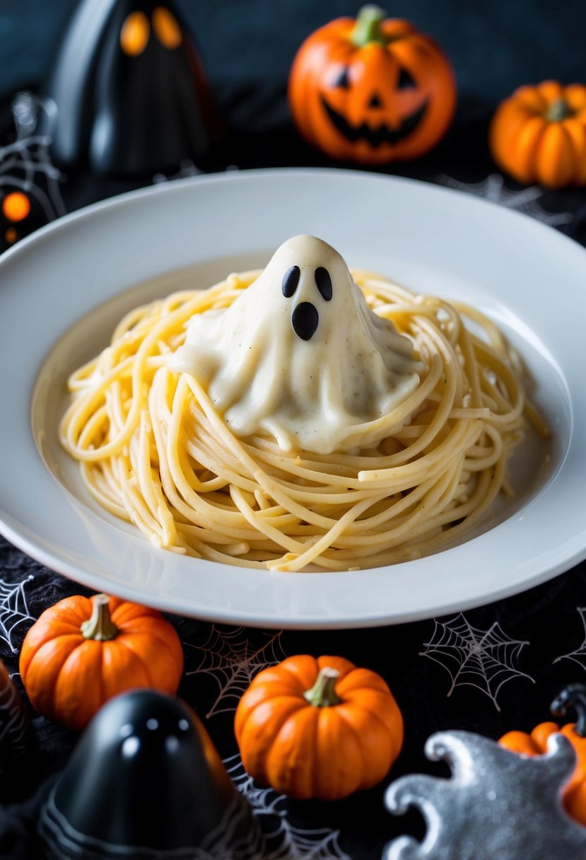 A steaming plate of ghost-shaped Alfredo pasta surrounded by Halloween-themed decorations