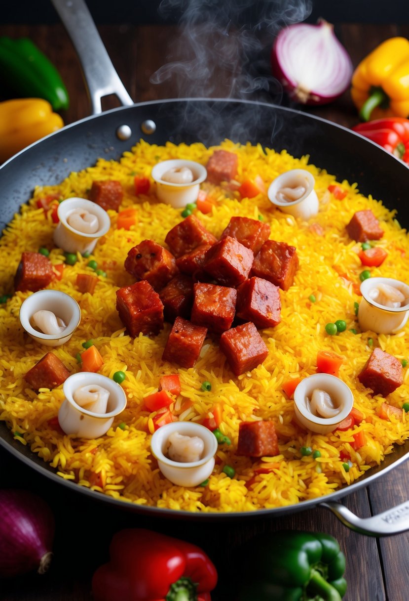 A steaming paella pan filled with vibrant yellow rice, chunks of chorizo, and tender pieces of canned squid, surrounded by colorful peppers and onions