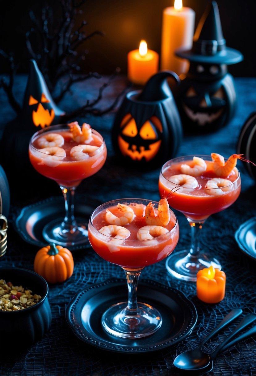 A spooky table set with Bloody Mary Shrimp Cocktails, surrounded by Halloween decorations and dim candlelight