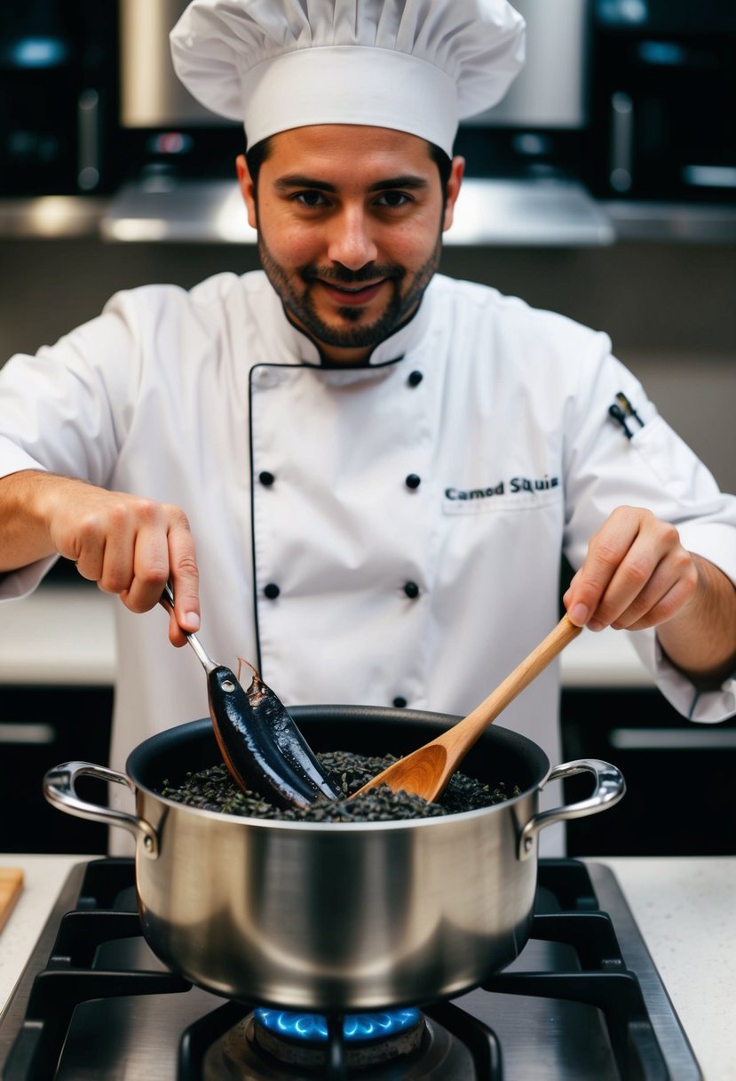 A chef stirring a pot of black squid ink risotto with canned squid on a stovetop