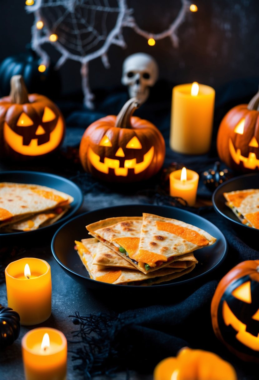 A festive Halloween dinner scene with Jack-o'-Lantern shaped quesadillas surrounded by spooky decorations and flickering candles