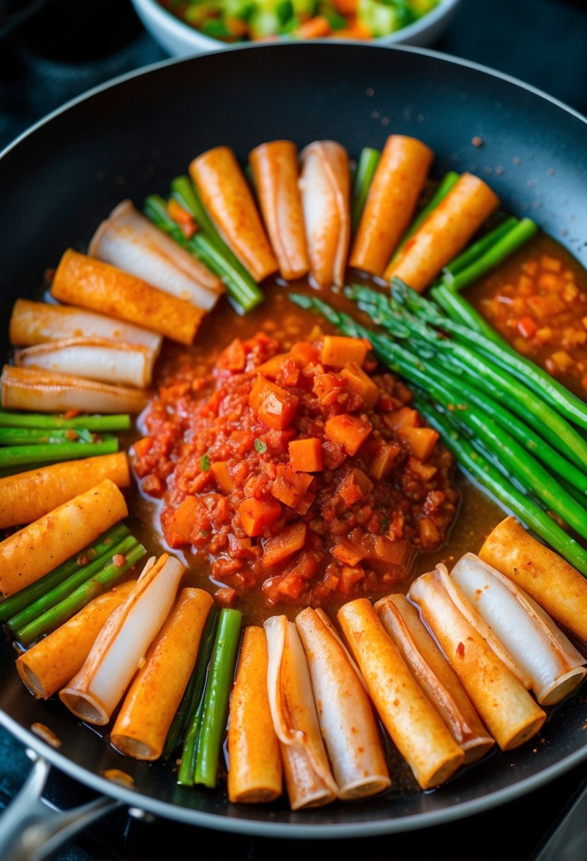 A colorful array of canned squid, spicy red sauce, and vibrant vegetables sizzling in a hot pan