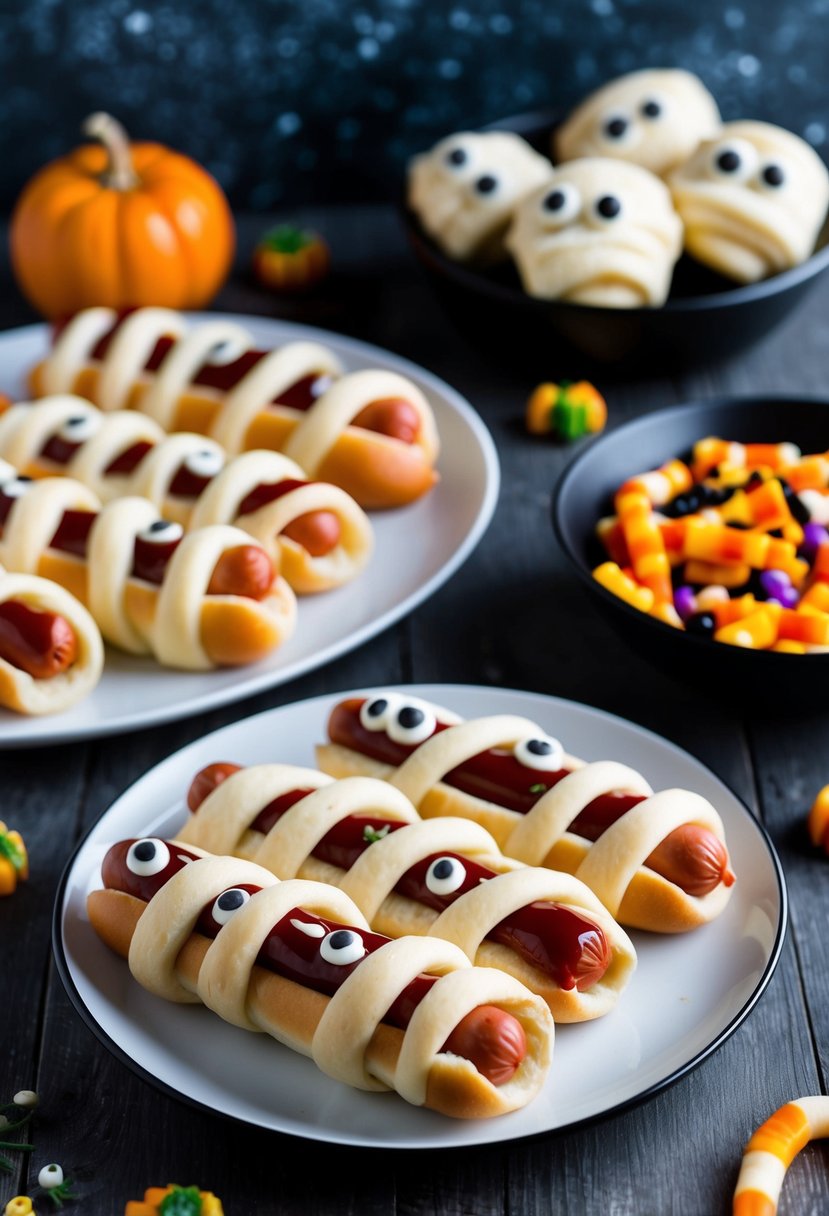 A table set with mummy-shaped hot dogs wrapped in dough, with ketchup "eyes" and a side of spooky-themed snacks