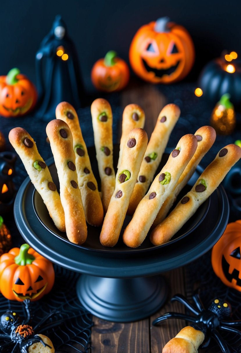 A platter of Zombie Finger Breadsticks surrounded by spooky Halloween decorations