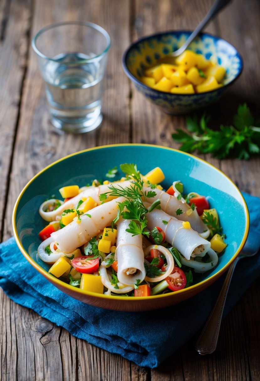 A colorful Mediterranean squid salad with fresh vegetables and herbs, served in a vibrant bowl on a rustic wooden table