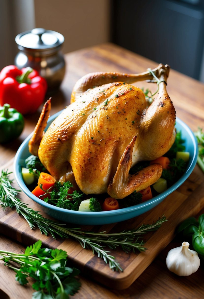 A whole oven stuffer roaster chicken surrounded by fresh herbs and vegetables on a wooden cutting board