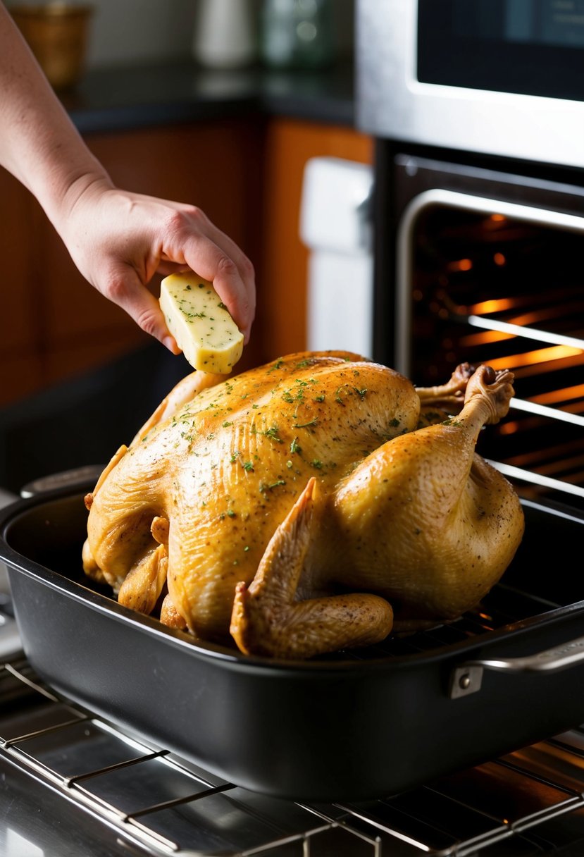 A whole chicken being rubbed with garlic herb butter before being placed in a roaster oven