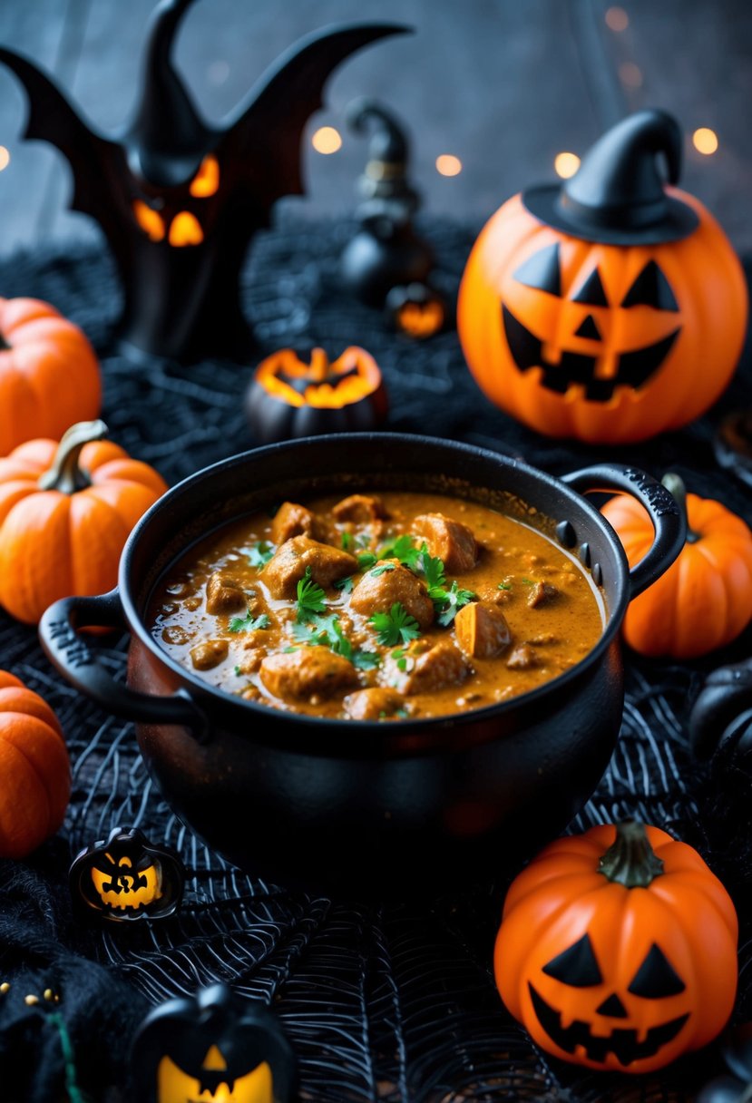 A bubbling cauldron of curry surrounded by spooky Halloween decorations