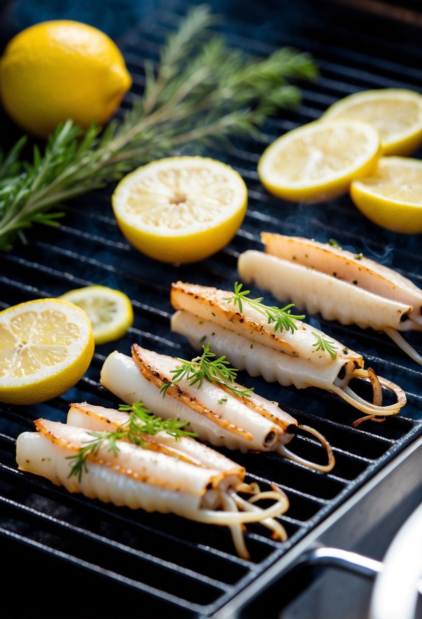 A grill with lemon slices and herbs, cooking canned squid