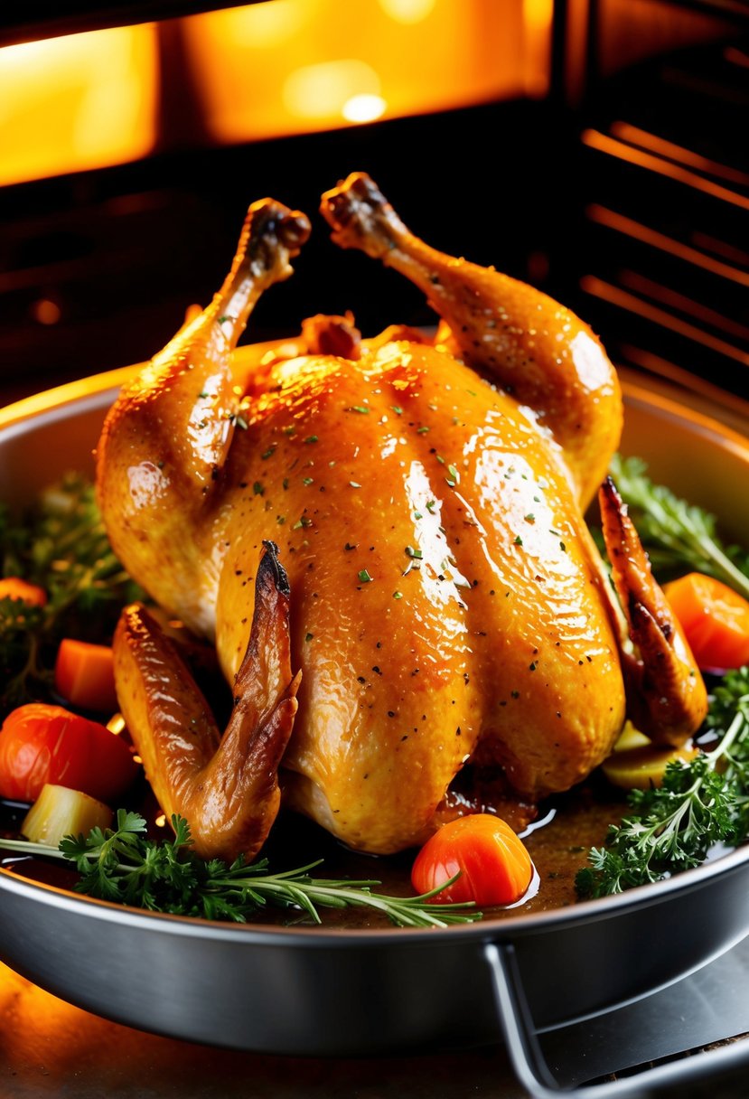 A whole roasted chicken coated in honey soy glaze, surrounded by herbs and vegetables, sizzling in a roaster oven